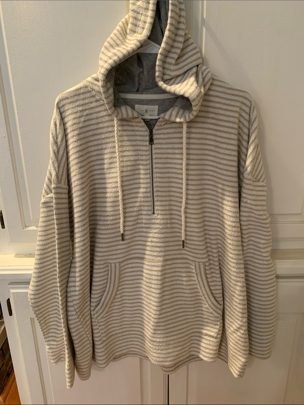 Lou & Grey Cream and Light Gray Striped Half-Zip Hoodie Sweater